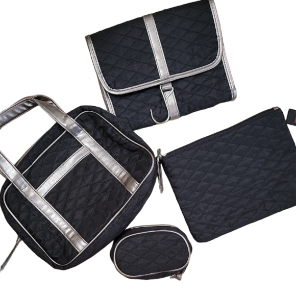 Handbags - Black Quilted Cosmetic Travel Bag Set Of 4 NWOT